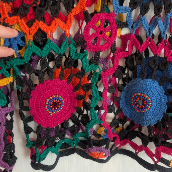 Vintage MY Sportswear Rainbow Colorful Crochet Beaded Open Knit Top Boho Hippie - Picture 4 of 10